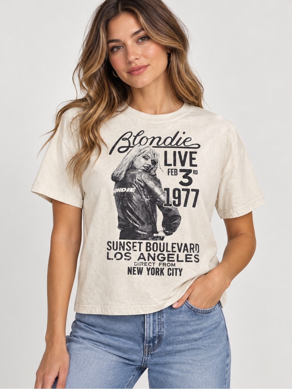 Blondie Live 1977 Sunset Boulevard Graphic Band Tee – Cream – Size M